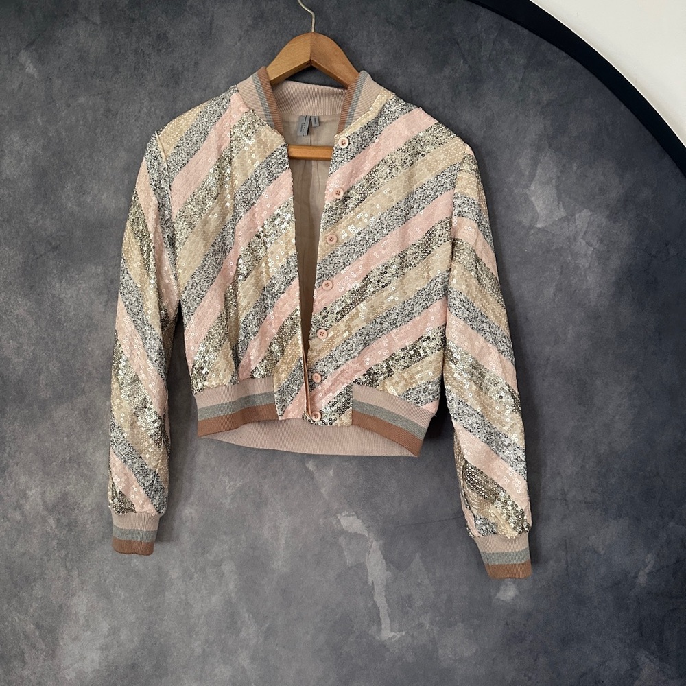 Blnk London Sequin Striped Bomber Jacket - Pink, Silver, Cream